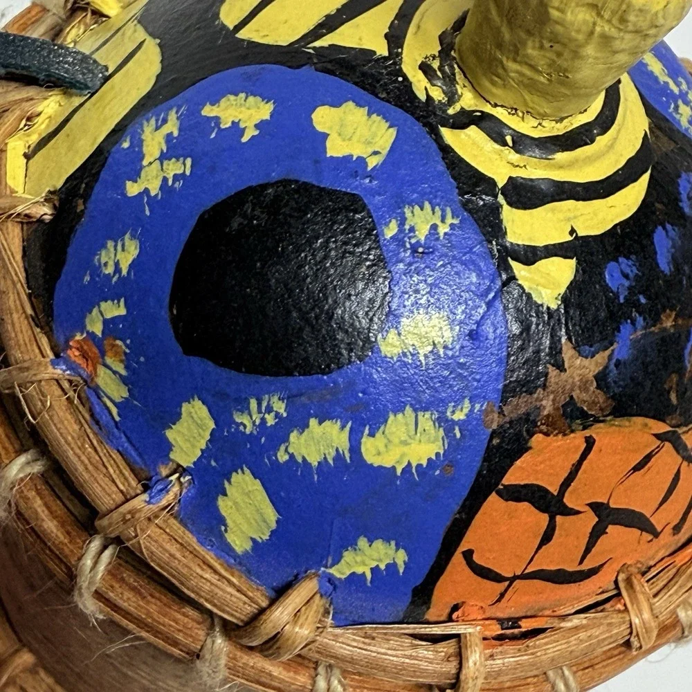 Hand‎ Painted Folk Art Gourd Basket Container Signed CS Southwestern